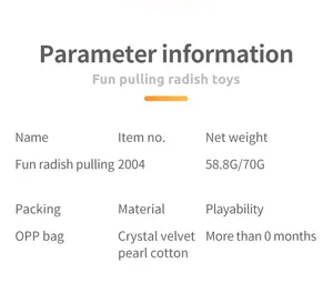 Detail specifications of fun radish pulling toy made of crystal velvet and pearl cotton