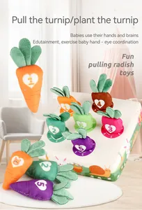 Detail of plush vegetable base with numbered carrots for baby sensory and motor skills