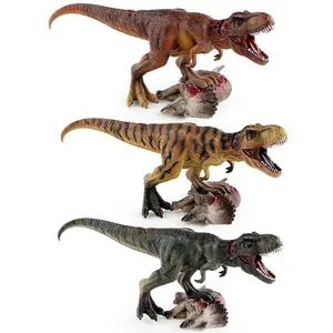 Three realistic T-Rex models with prey bases in reddish brown, tan, and dark green colors