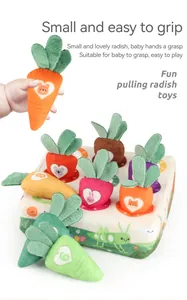 Detail of plush baby toy showing small carrots with numbers and animal faces for easy grip