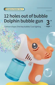 Détail du pistolet à bulles dauphin à 12 trous orange et blanc avec flacon de liquide bleu