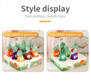 Detail view of 6-piece and 9-piece plush radish harvest educational toy sets
