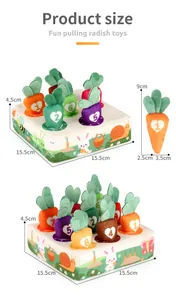 Detailed size specifications for the plush radish pulling toy and farm base