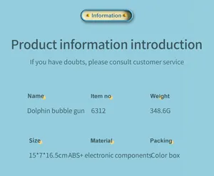 Spécifications techniques du pistolet à bulles dauphin avec dimensions et matériel ABS