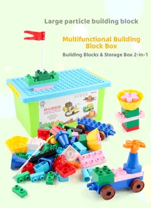 Green storage box with blue building baseplate lid and 72 colorful large bricks