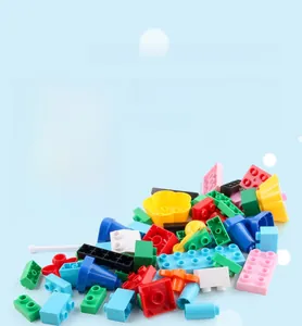 Detail of colorful large building blocks for kids with DIY educational stickers