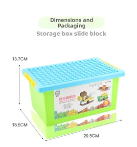 Blue and green storage box with building block base lid and product dimensions