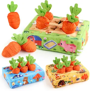 Three colorful plush carrot farm harvest toys with farm, forest, and garden themes