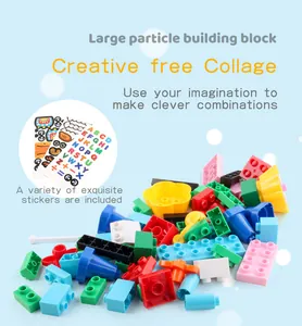Detail of multi-colored large building blocks with decorative stickers and diverse shapes