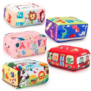 Plush tissue box toys for toddlers featuring colorful animals, dinosaurs and school bus themes