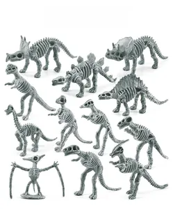Macro detail of 12-piece gray dinosaur skeleton models including T-Rex and Triceratops