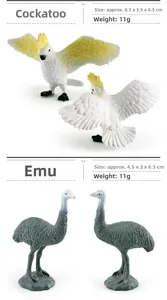 Detailed view of realistic cockatoo and emu bird animal models with size measurements
