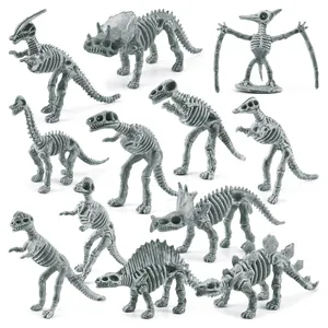 Set of 12 realistic gray dinosaur skeleton fossils including T-Rex and Triceratops