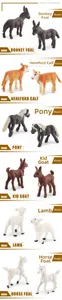 Detailed close-up of realistic farm animal calf and foal miniature model toy set