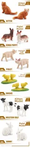 Detailed view of realistic miniature farm animal figurines including kitten, piglet, and calf
