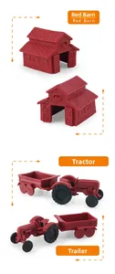 Detailed views of red plastic farm set including barn, tractor, and trailer models