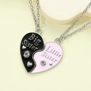Alloy Big Little Sister Heart Splicing Pendant Necklace With Rhinestone Best Friend Sister Jewelry Gift For Women Girls