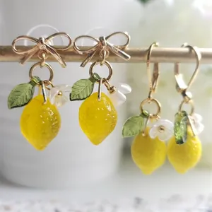 Fresh Sweet Yellow Lemon Flower Leaf Dangle Earrings Fashion Resin Fruit Jewelry For Women Girls Gift Necklace Set