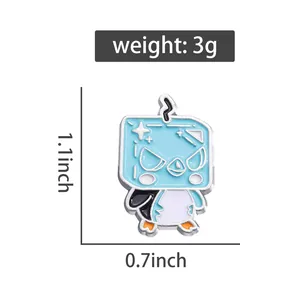 Detail view of cartoon penguin enamel pin with dimensions 1.1x0.7 inches and 3g weight