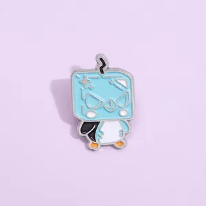 Close-up of a cartoon penguin enamel pin with a blue TV head on purple background