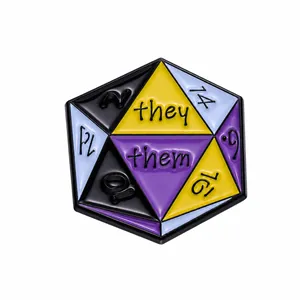Non-binary pride D20 dice enamel pin with they/them pronouns, 2.6cm alloy badge