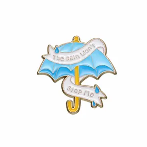 Spilla ad ombrello blu smaltato con scritta Rain Won't Stop Me, misura di 3x3 cm