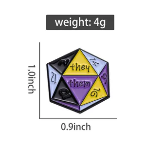 Detailed spec view of a non-binary pride D20 dice enamel pin measuring 1.0x0.9 inches