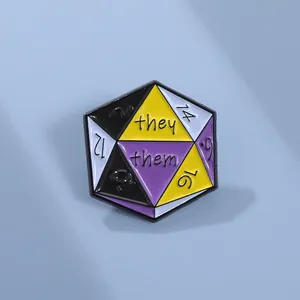D20 dice enamel pin featuring non-binary pride colors and they/them pronoun engraving