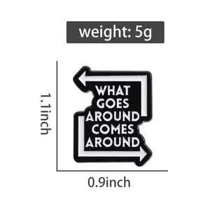 Enamel pin size detail of 1.1x0.9 inches and 5g weight showing karma phrase