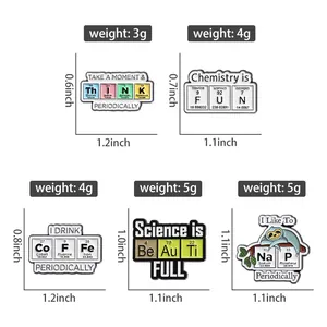 Set of chemistry periodic table enamel pins with creative text designs and size dimensions