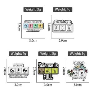 Five unique science-themed enamel pins with chemical element symbols and measurements
