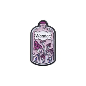 Whimsical purple magic potion bottle enamel pin featuring a mushroom and Wonder text