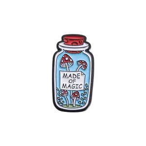 Cartoon magic potion bottle enamel pin with mushroom and Made of Magic text label