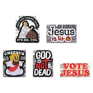 5-piece creative enamel pin set featuring funny Cheesus and Jesus religious parodies