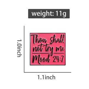 Square enamel pin with 'Thou shall not try me' text showing 1.1x1.0 inch dimensions
