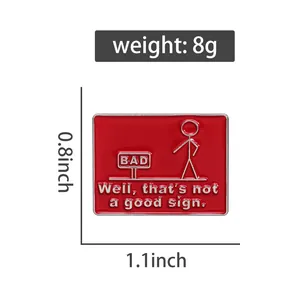 Detail of red enamel stickman pin with 'Not a good sign' text, size 0.8x1.1 inch