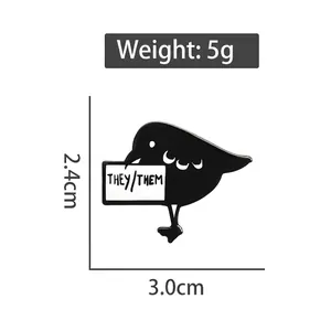 They/Them pronoun enamel bird pin in black zinc alloy with size dimensions display