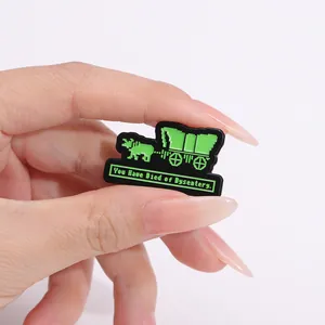 Detail of pixel art enamel pin with You Have Died of Dysentery text on metal brooch