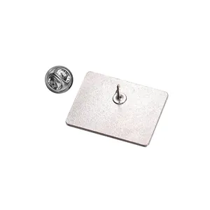 Detailed back view of silver rectangle enamel pin showing the needle and butterfly clutch