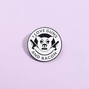 Funny cartoon pig metal lapel pin with I Love Guns and Bacon text on purple background