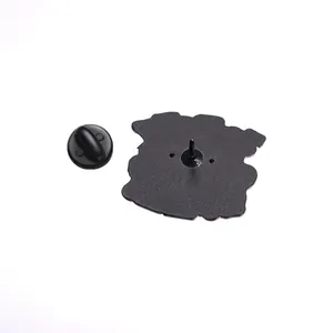 Detailed back view of a black metal enamel pin with a durable rubber clutch fastener
