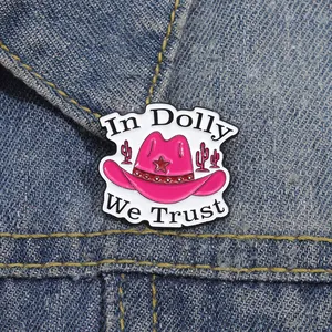 Cartoon Pink Cowboy Hat Enamel Pin In Dolly We Trust Slogan Alloy Brooch Badge For Denim Jackets Hats Bags Women Jewelry