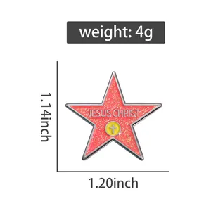 Detail of red glitter star enamel pin featuring Jesus Christ cross with dimensions and weight