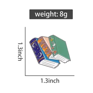 Detail view of fantasy book enamel pin with size and weight annotations