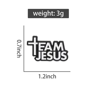 Detail of Team Jesus enamel pin showing 0.7x1.2 inch dimensions and 3g weight
