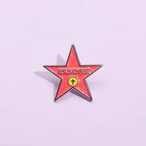 Pentagram star metal pin with glitter coral finish and Jesus Christ cross emblem