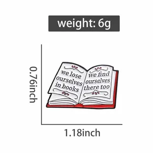 Detailed view of the open magic book enamel pin with dimensions and weight specifications