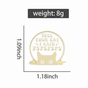Detail showing cartoon cat enamel pin dimensions of 1.09x1.18 inches and 8g weight
