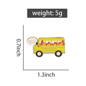 Detail view of cartoon Struggle Bus enamel pin showing 1.3 inch size and 5g weight