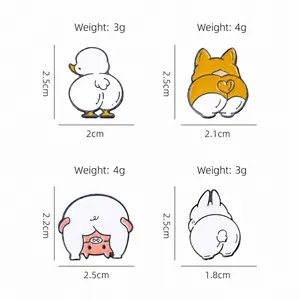 Cartoon animal enamel pins set showing duck, corgi, pig, and rabbit back view